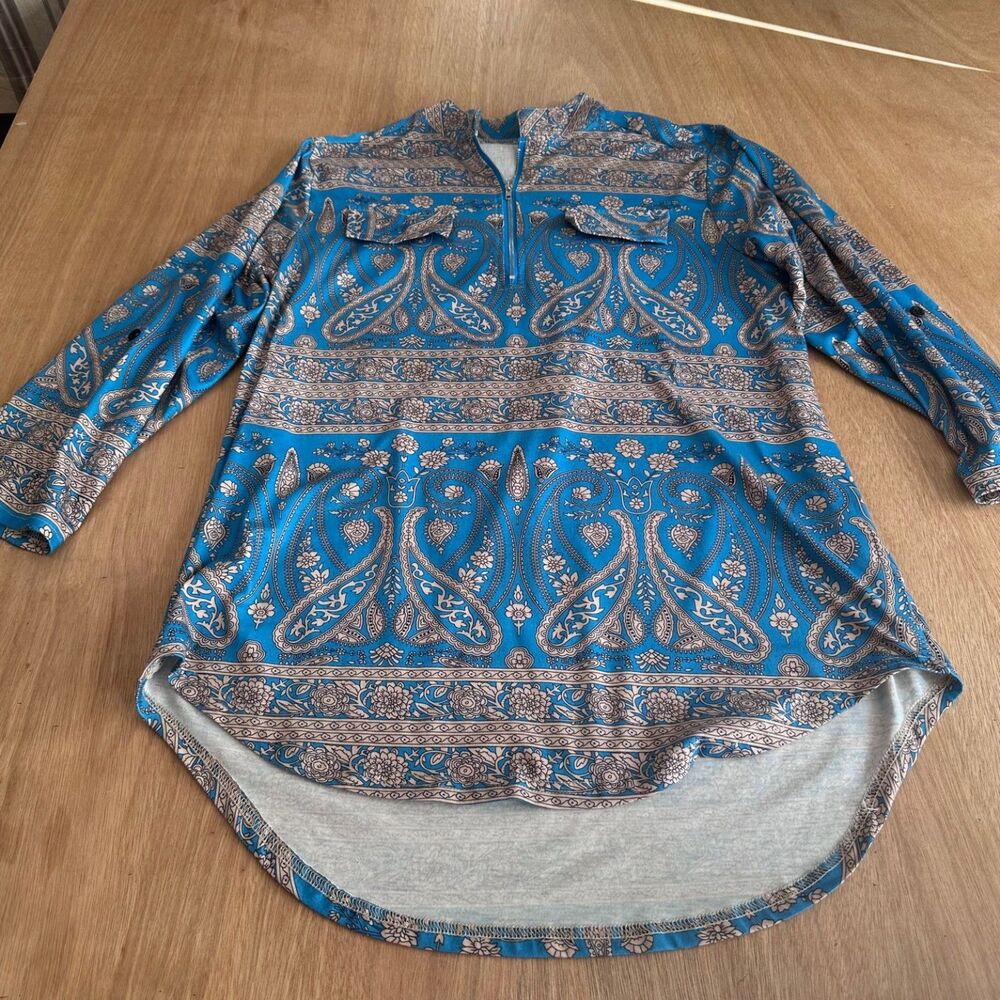 St. Jubileens Boho Paisley Tunic Top Size L Blue Long Sleeve High Low